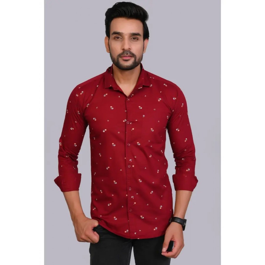 Maroon Cotton Printed Casual Shirts For Men