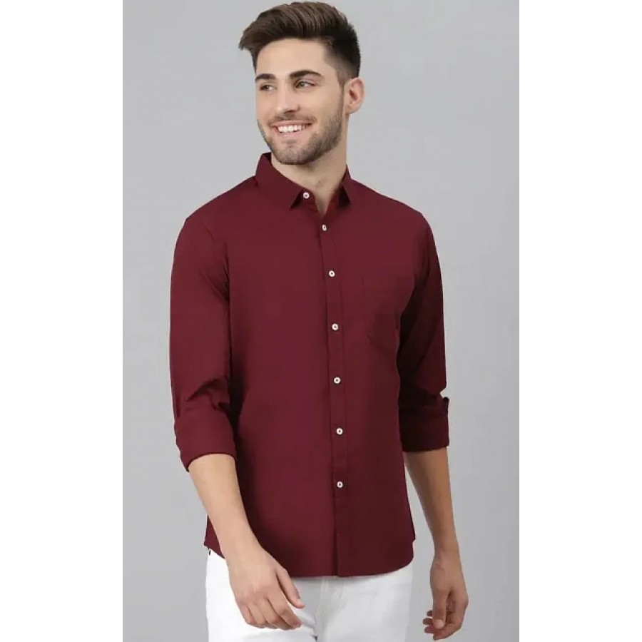 Maroon Cotton Solid Casual Shirts For Men