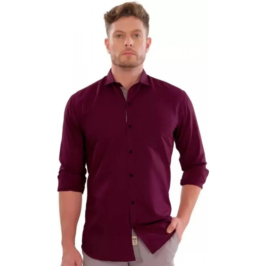 Maroon Cotton Solid Casual Shirts For Men