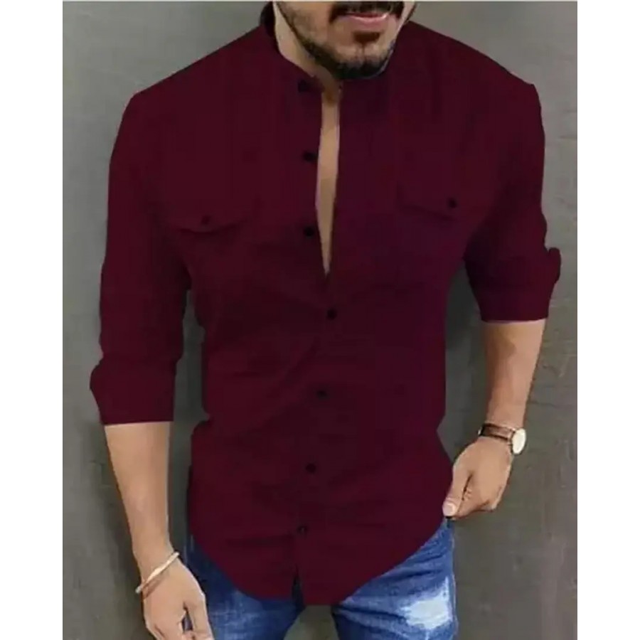 Maroon Cotton Solid Casual Shirts For Men