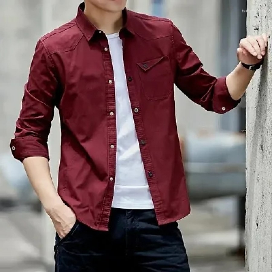 Maroon Cotton Solid Casual Shirts For Men