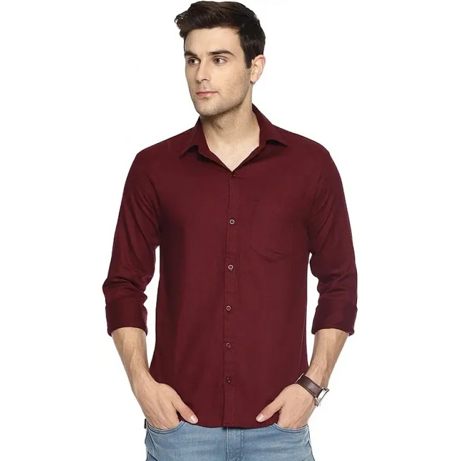 Maroon Cotton Solid Casual Shirts For Men