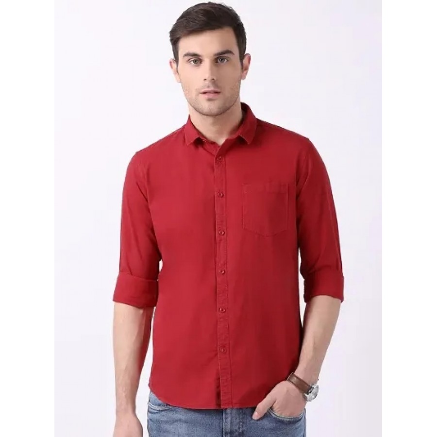 Maroon Cotton Solid Casual Shirts For Men