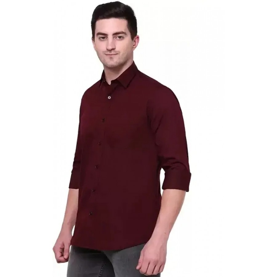 Maroon Cotton Solid Casual Shirts For Men