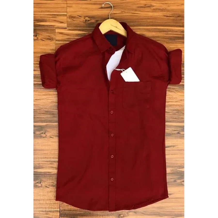 Maroon Cotton Solid Casual Shirts For Men