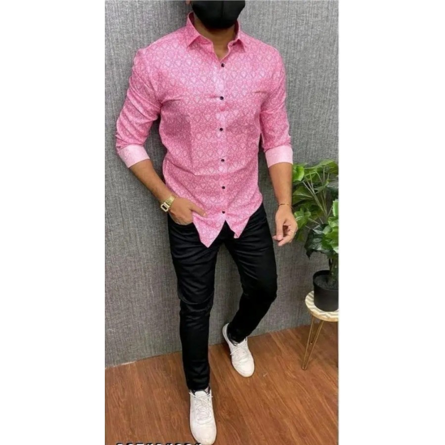 Men Party Wear Pink Cotton Print Stitched Shirt