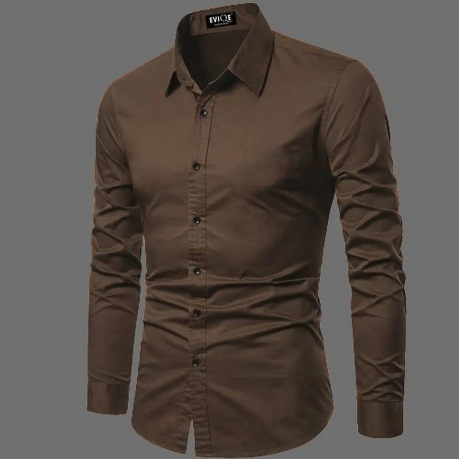 Men Regular Fit Solid Spread Collar Casual Shirt Coffe