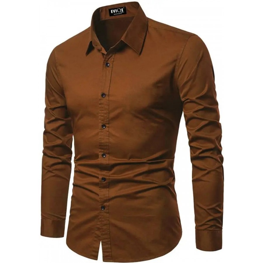 Men Regular Fit Solid Spread Collar Casual Shirt Orange