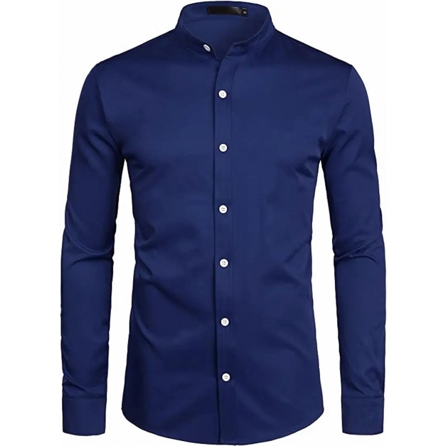 Men Slim Fit Solid Mandarin Collar Casual Shirt