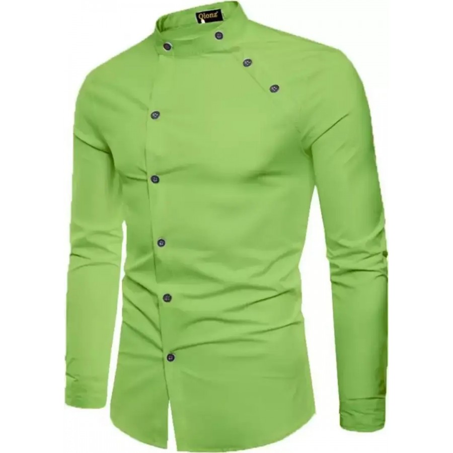 Men Regular Fit Solid Mandarin Collar Casual Shirt