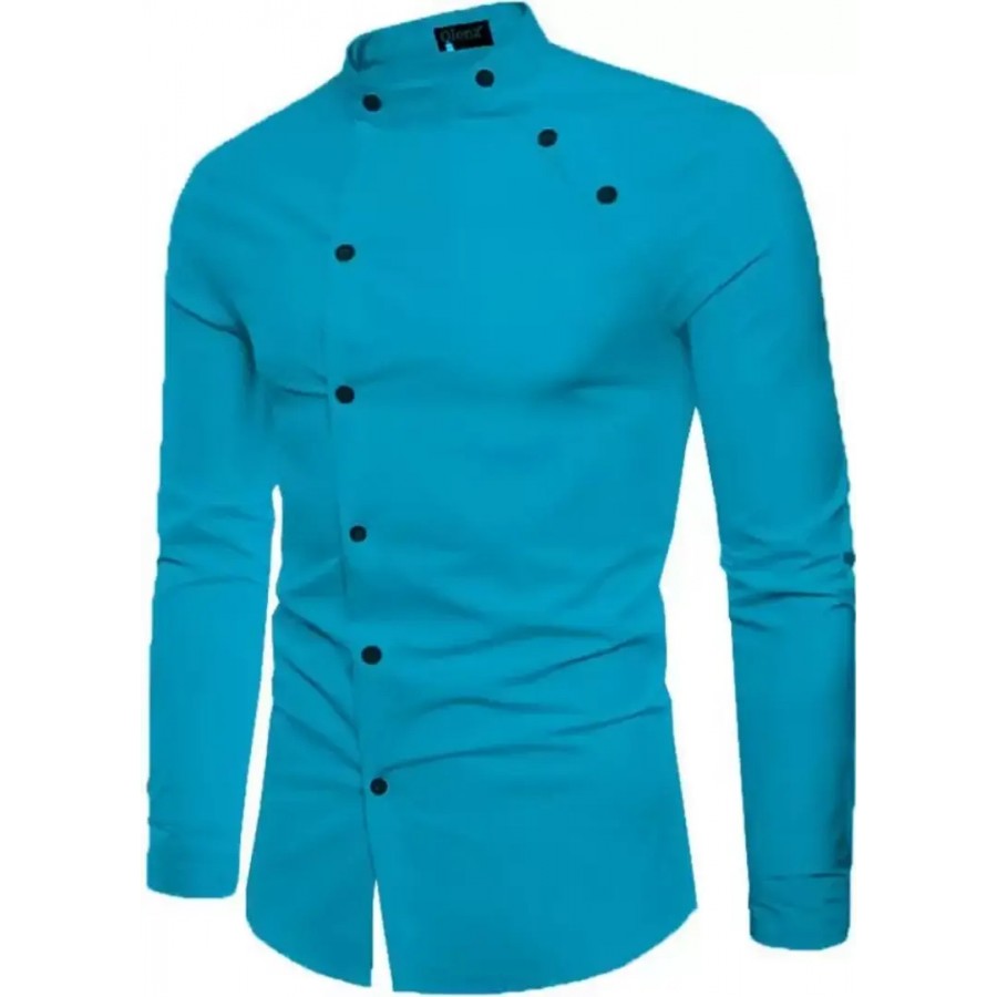 Men Regular Fit Solid Mandarin Collar Casual Shirt