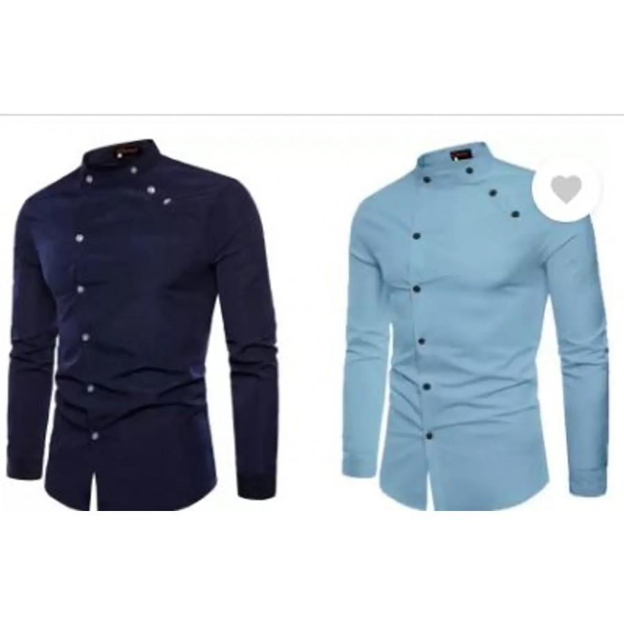 Men Regular Fit Solid Mandarin Collar Casual Shirt  Pack of 2