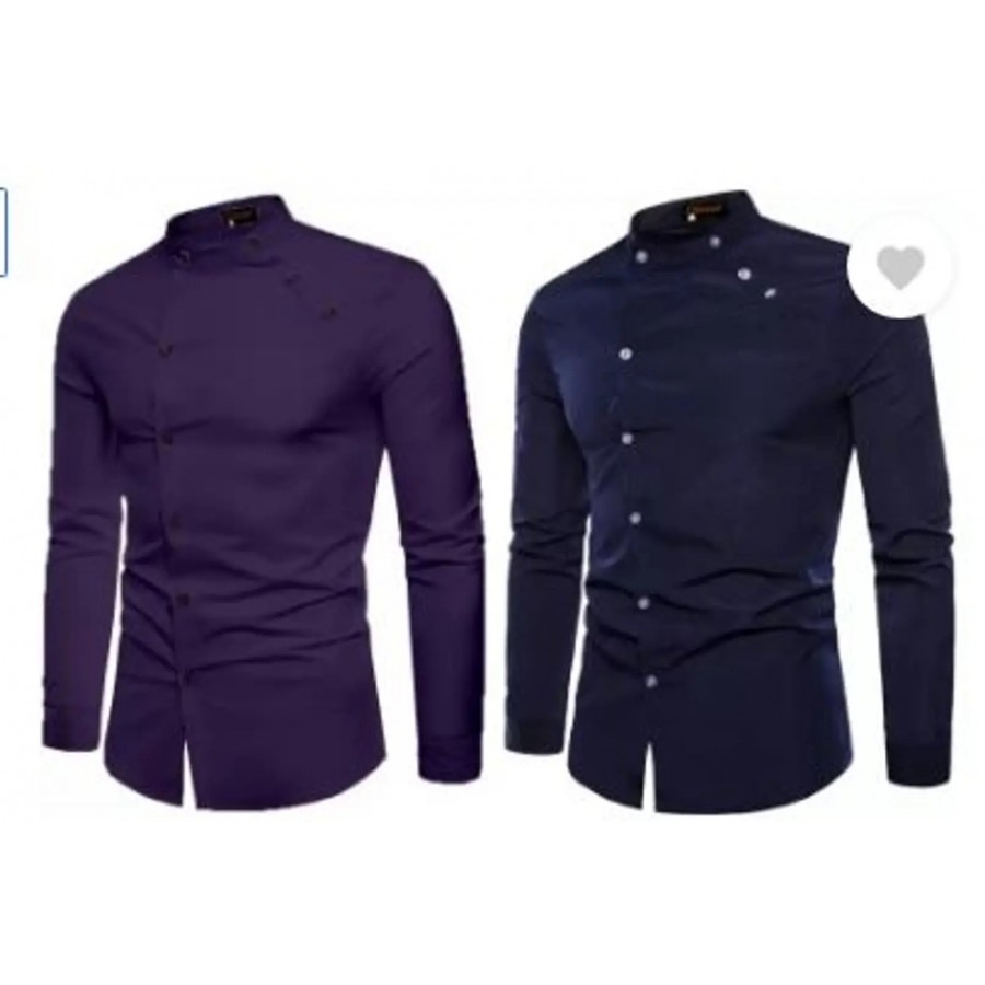 Men Regular Fit Solid Mandarin Collar Casual Shirt  Pack of 2