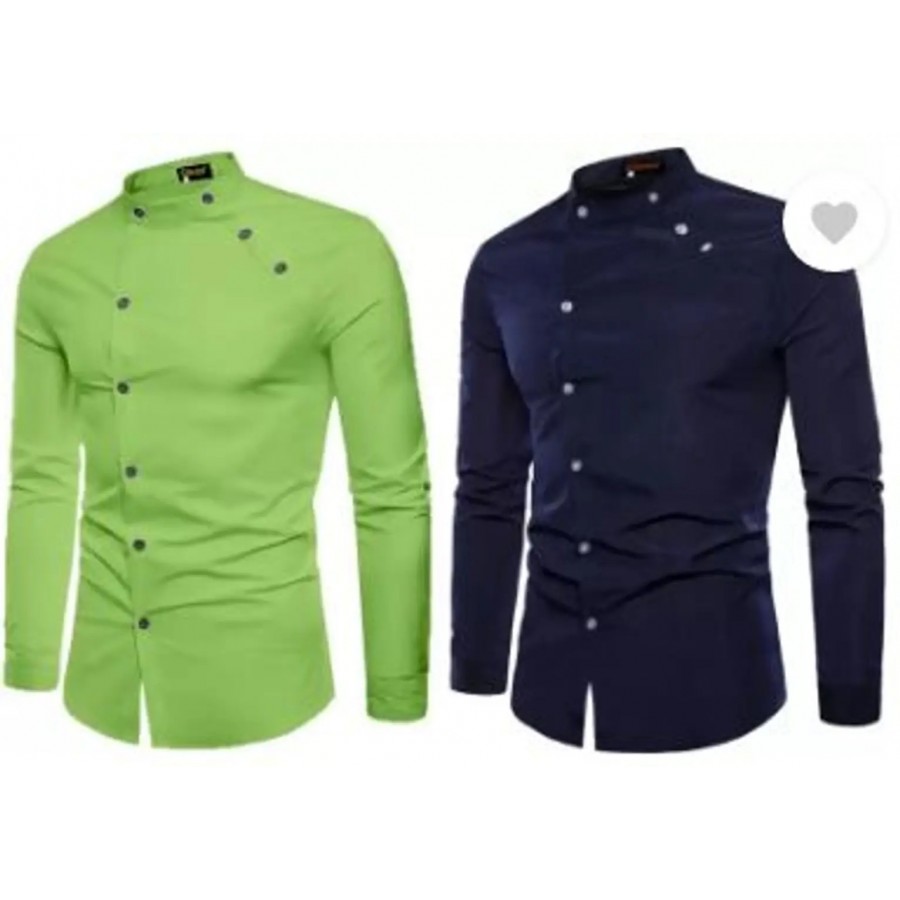 Men Regular Fit Solid Mandarin Collar Casual Shirt  Pack of 2