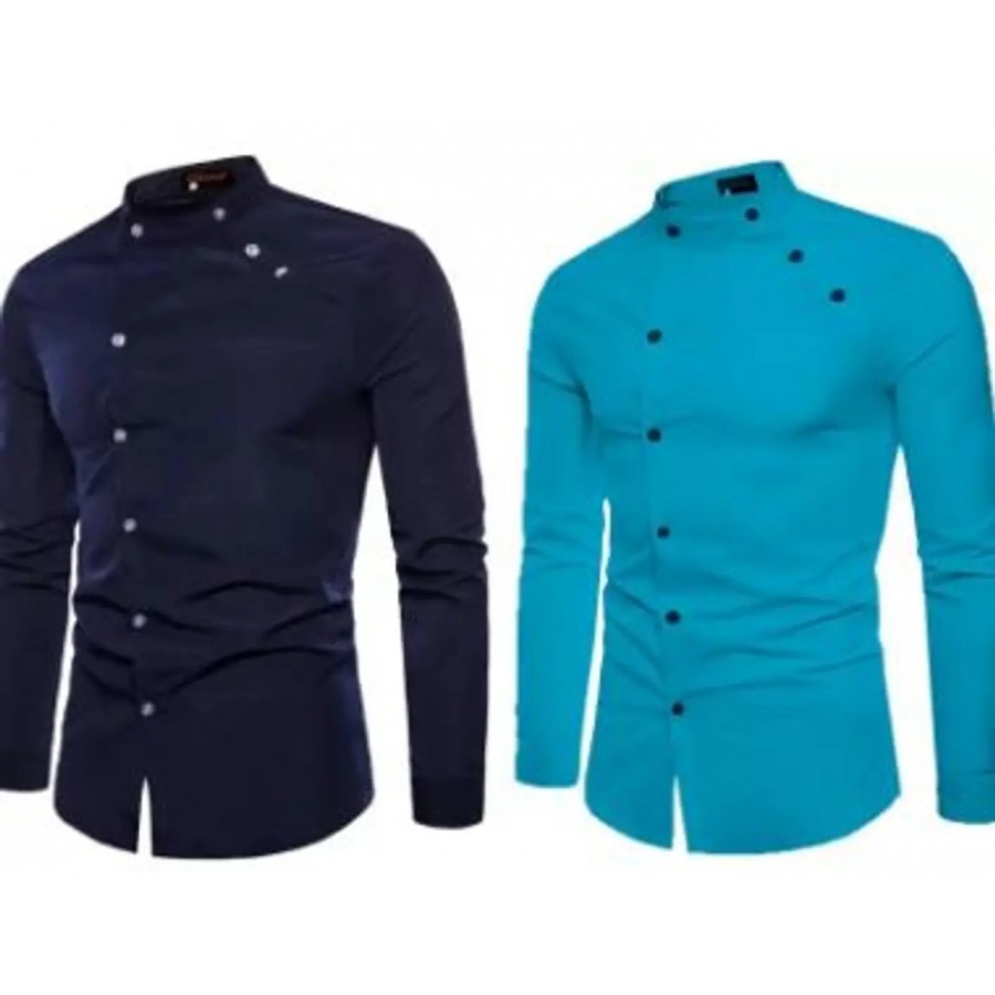 Men Regular Fit Solid Mandarin Collar Casual Shirt  Pack of 2