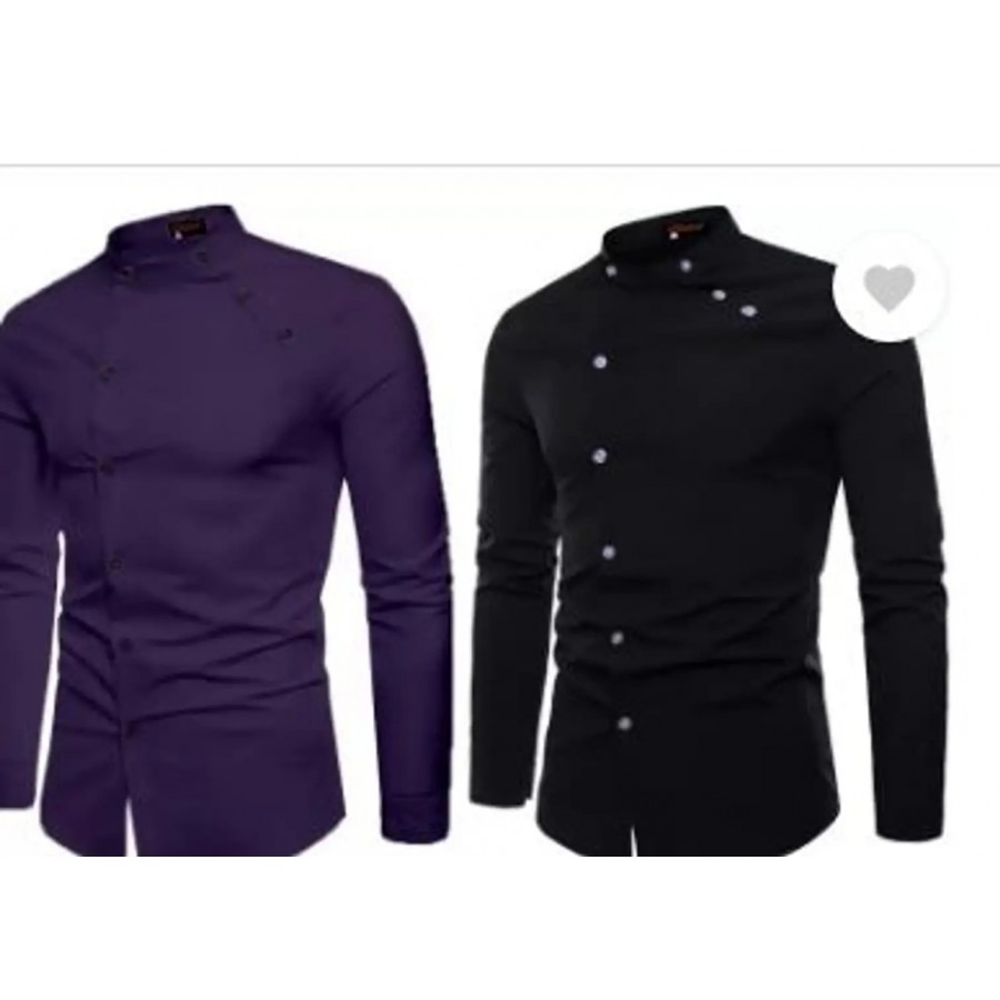 Men Regular Fit Solid Mandarin Collar Casual Shirt  Pack of 2