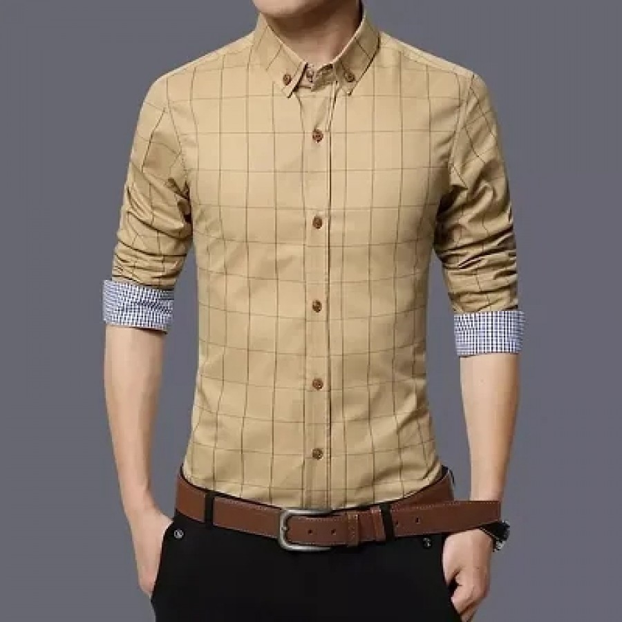 Mens Beige Cotton Long Sleeves Checked Slim Fit Casual Shirt