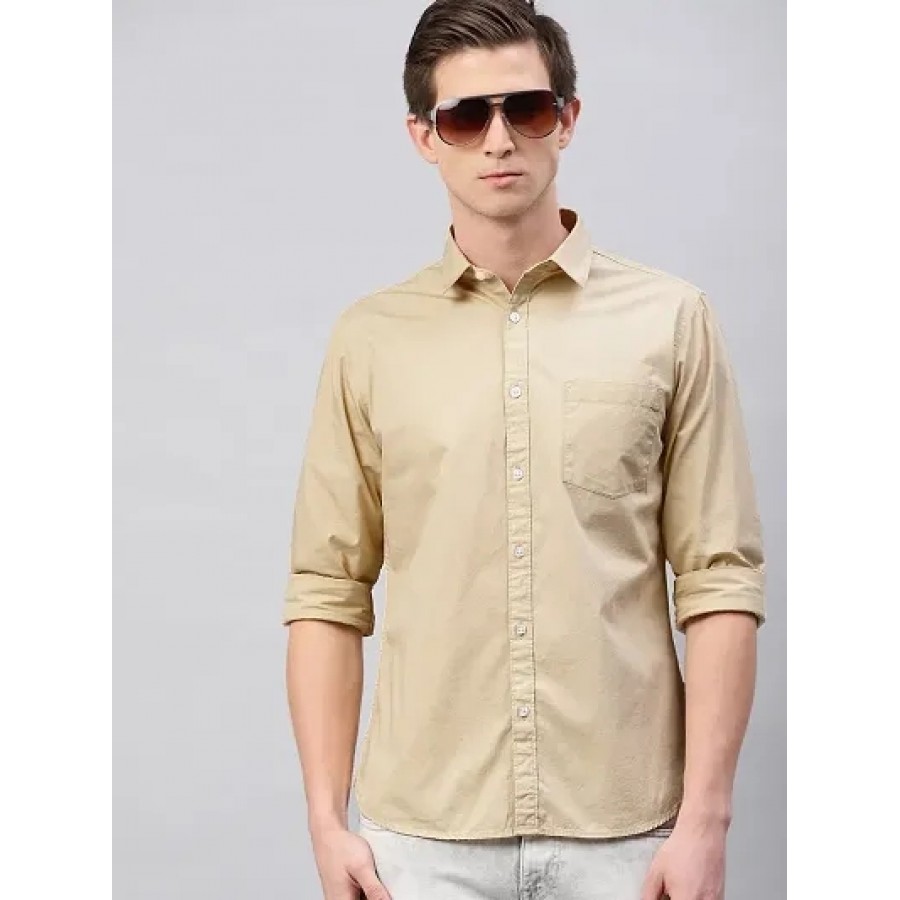 Men's Beige Cotton Solid Long Sleeves Regular Fit Casual Shirt