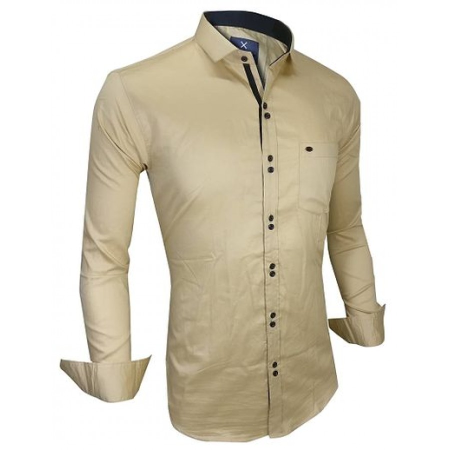 Men's Beige Cotton Solid Long Sleeves Slim Fit Casual Shirt