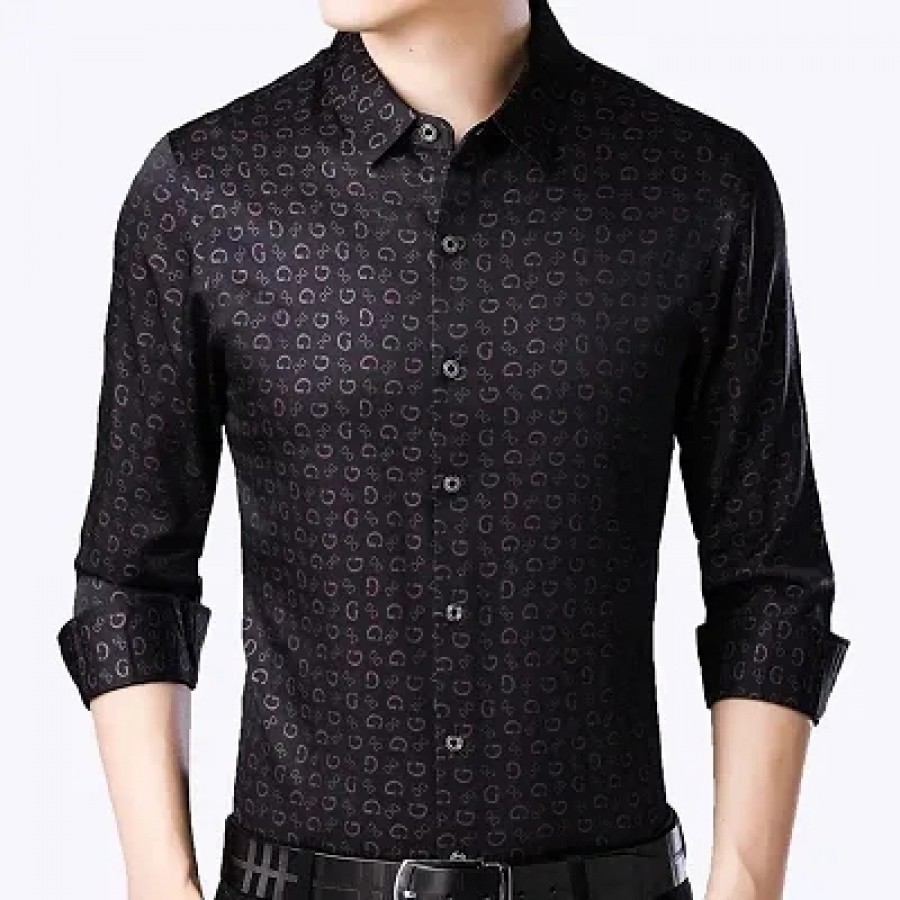 Men's Black Cotton Blend Long Sleeves Printed Slim Fit Casual Shirt