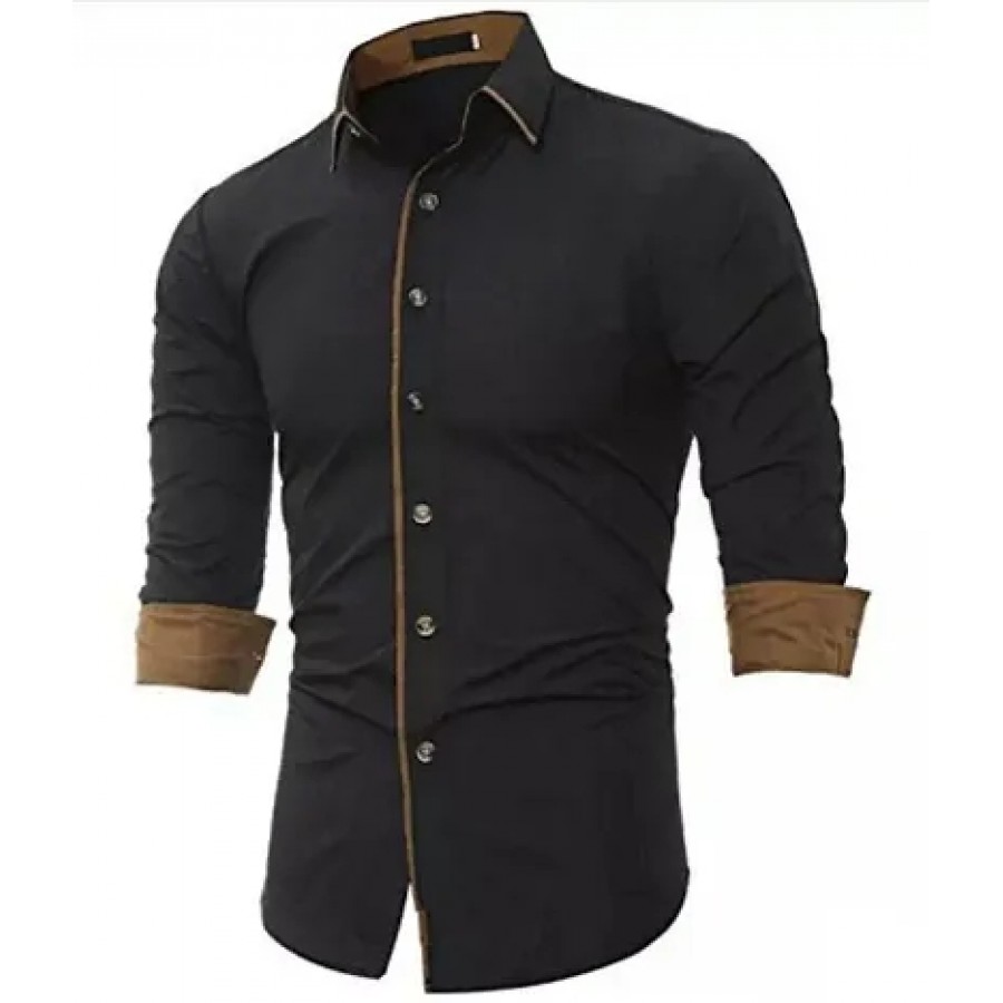 Men's Black Cotton Long Sleeves Solid Slim Fit Casual Shirt