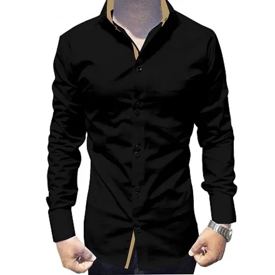 Men's Black Cotton Long Sleeves Solid Slim Fit Casual Shirt