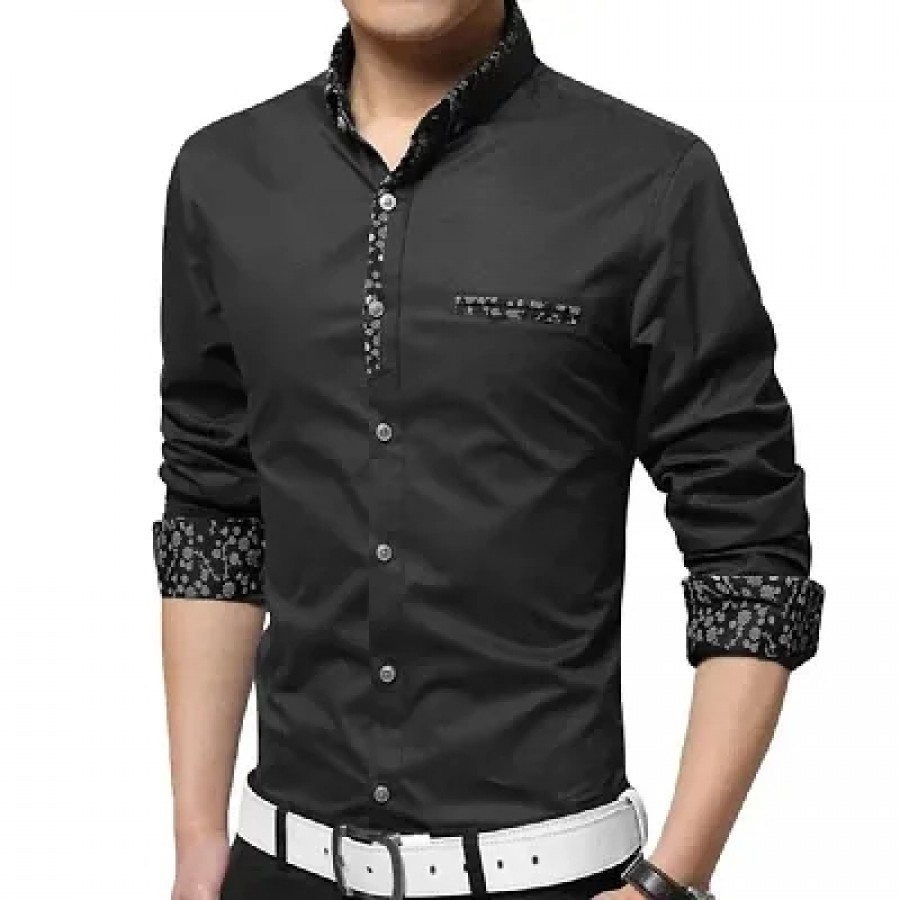 Men's Black Cotton Self Pattern Long Sleeves Slim Fit Casual Shirt