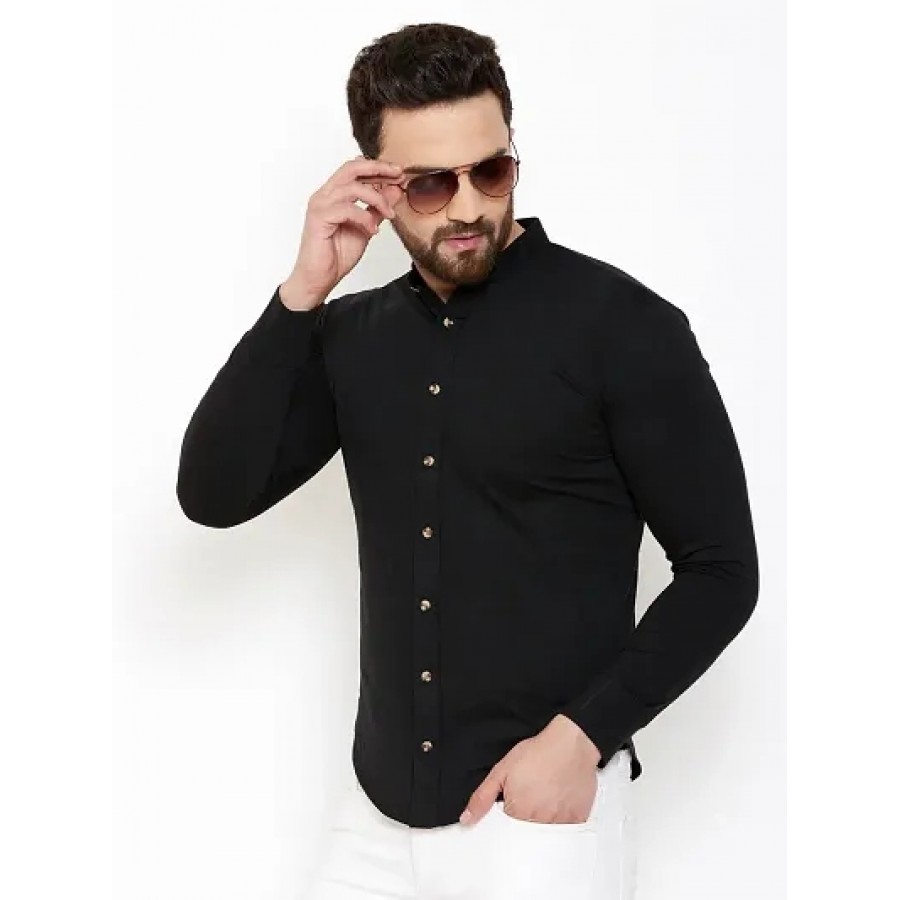 Men's Black Cotton Solid Long Sleeves Regular Fit Casual Shirt