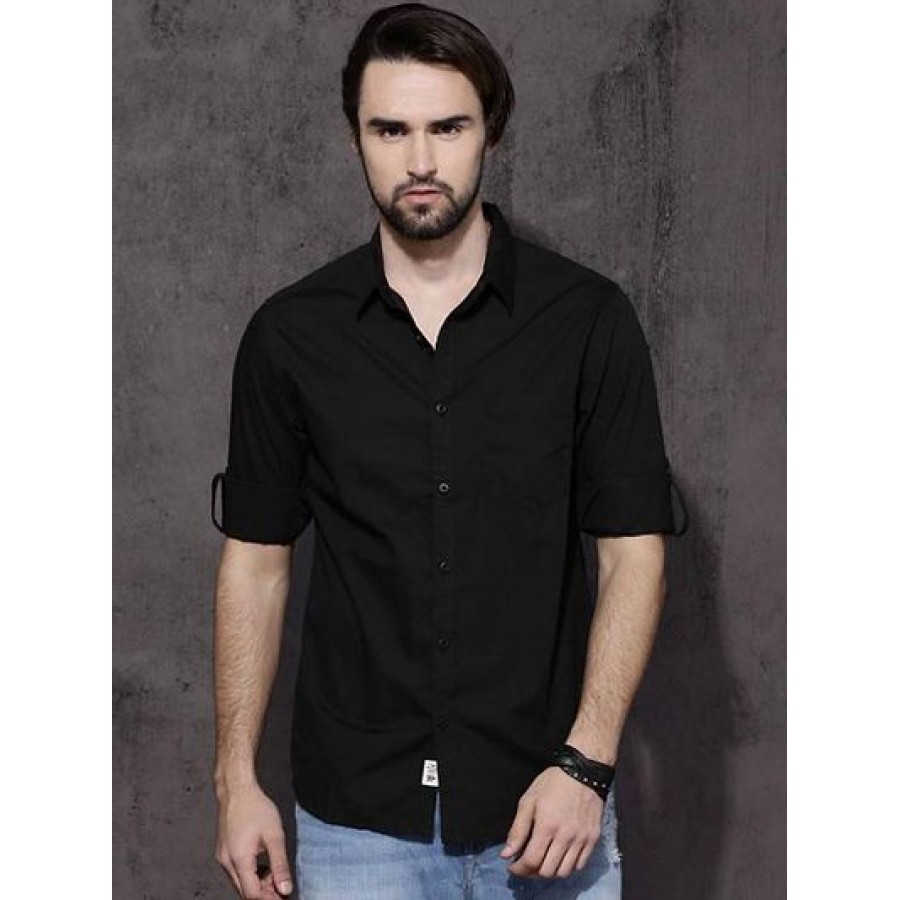 Men's Black Cotton Solid Long Sleeves Slim Fit Casual Shirt