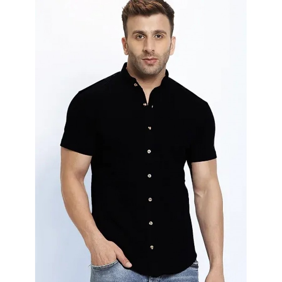 Men's Black Cotton Solid Short Sleeves Regular Fit Casual Shirt