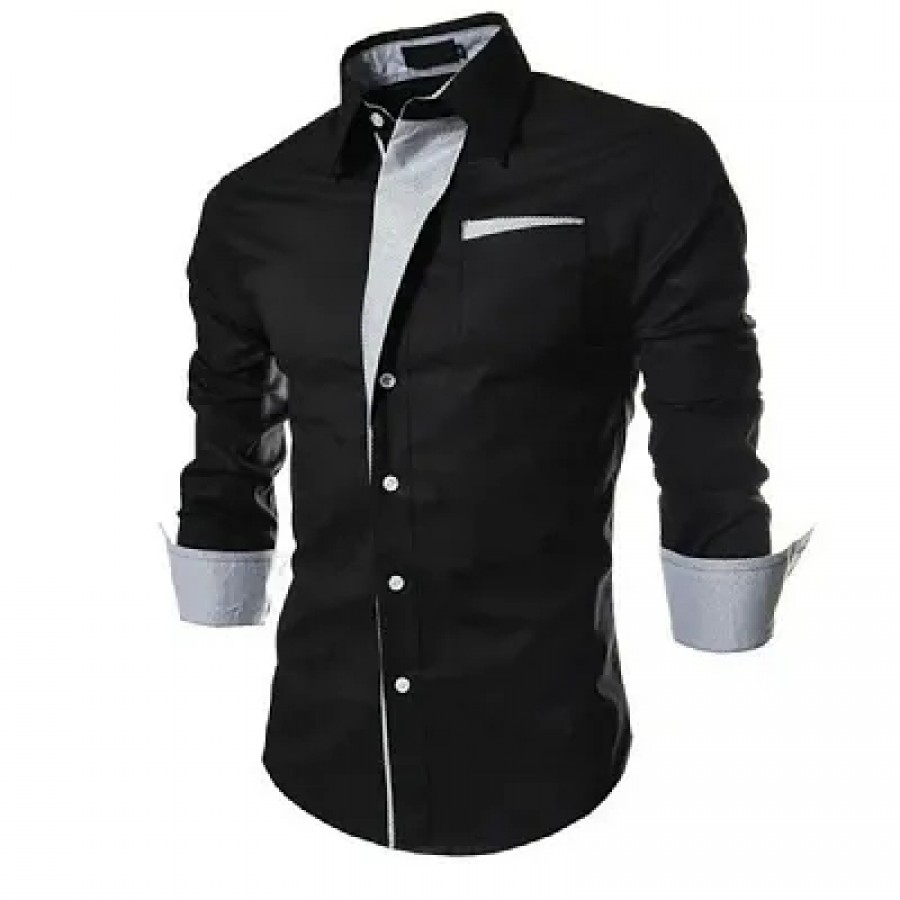 Men's Black Cotton Solid  Slim Fit Casual Shirt