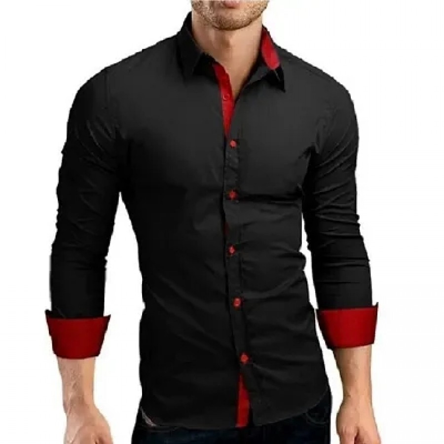 Men's Black Cotton Solid  Slim Fit Casual Shirt