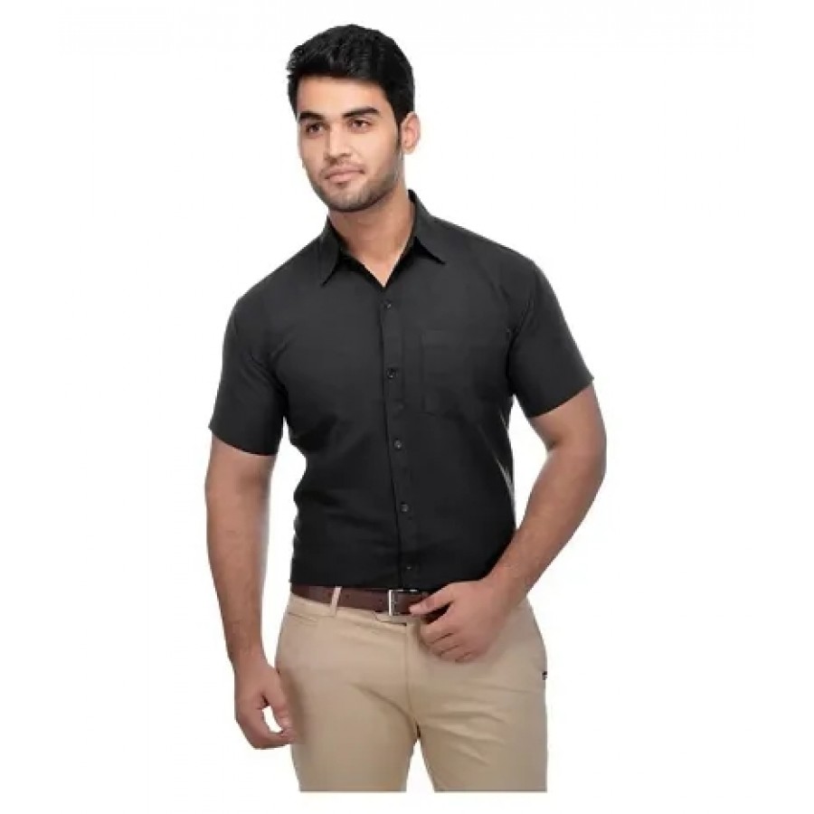 Men's Black Khadi Cotton Solid Short Sleeves Regular Fit Casual Shirt