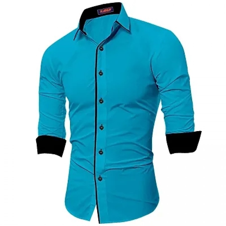 Men's Blue Cotton Long Sleeves Solid Slim Fit Casual Shirt