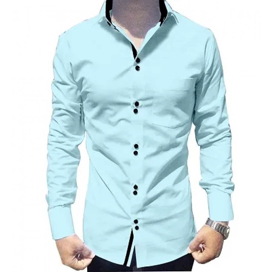 Men's Blue Cotton Long Sleeves Solid Slim Fit Casual Shirt