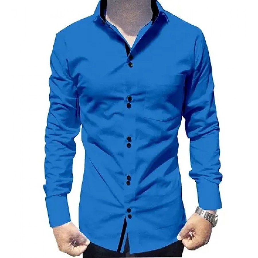 Men's Blue Cotton Long Sleeves Solid Slim Fit Casual Shirt