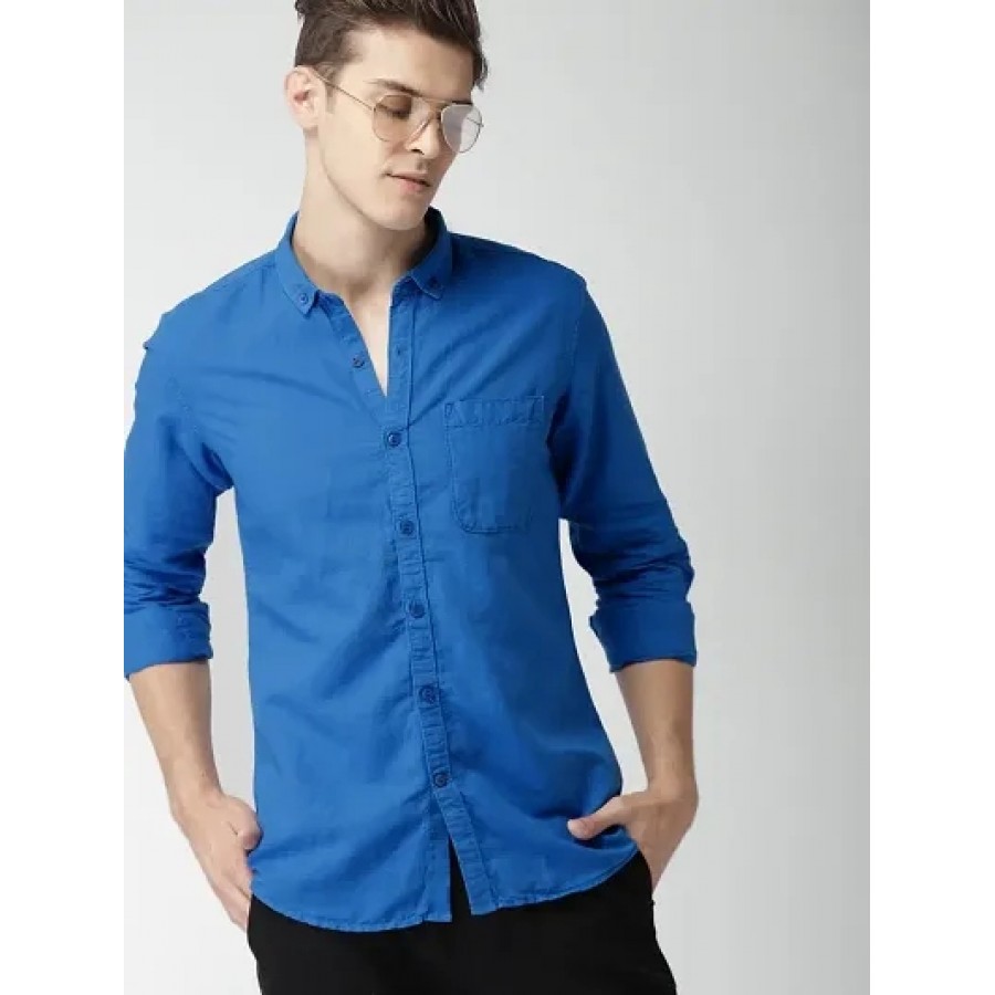 Men's Blue Cotton Solid Long Sleeves Regular Fit Casual Shirt