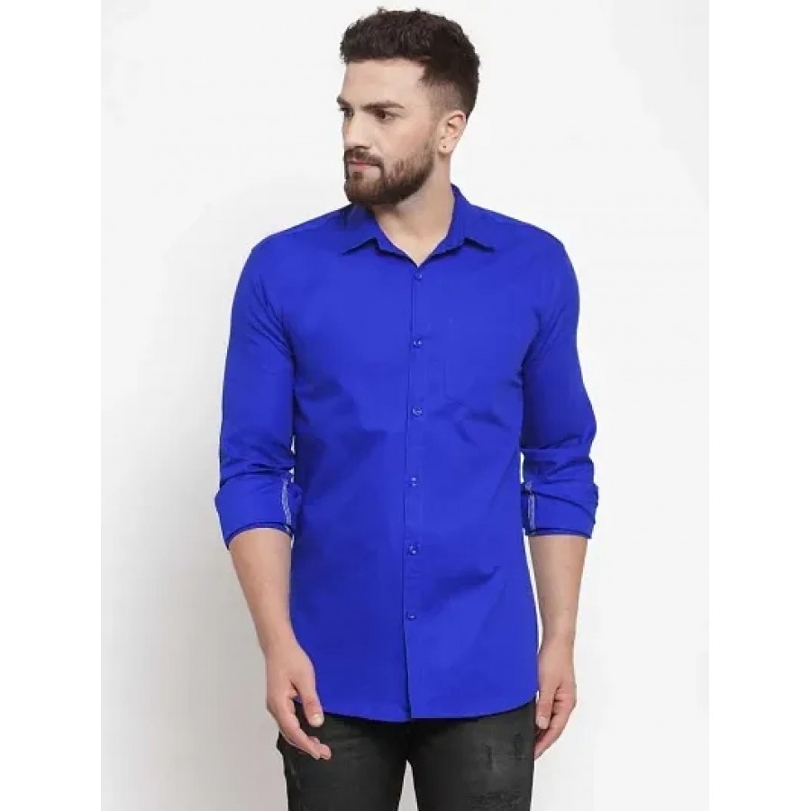 Men's Blue Cotton Solid Long Sleeves Regular Fit Casual Shirt