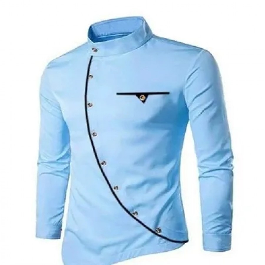 Men's Blue Cotton Solid Long Sleeves Shirt