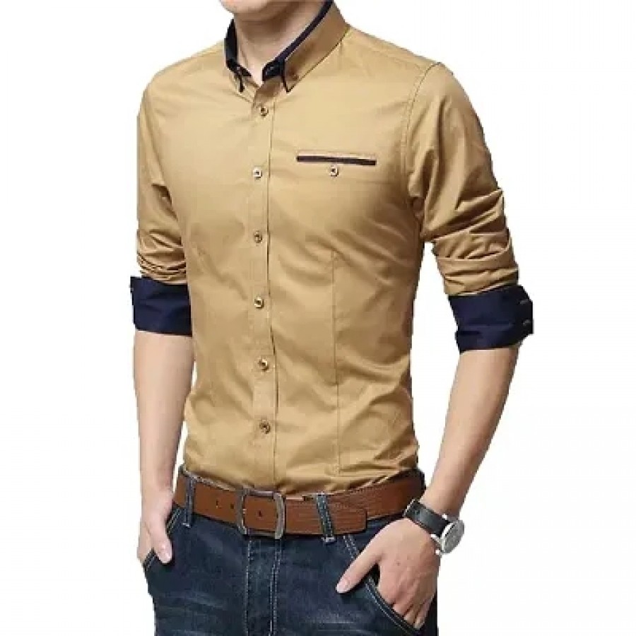 Men's Golden Solid Cotton Slim Fit Casual Shirt