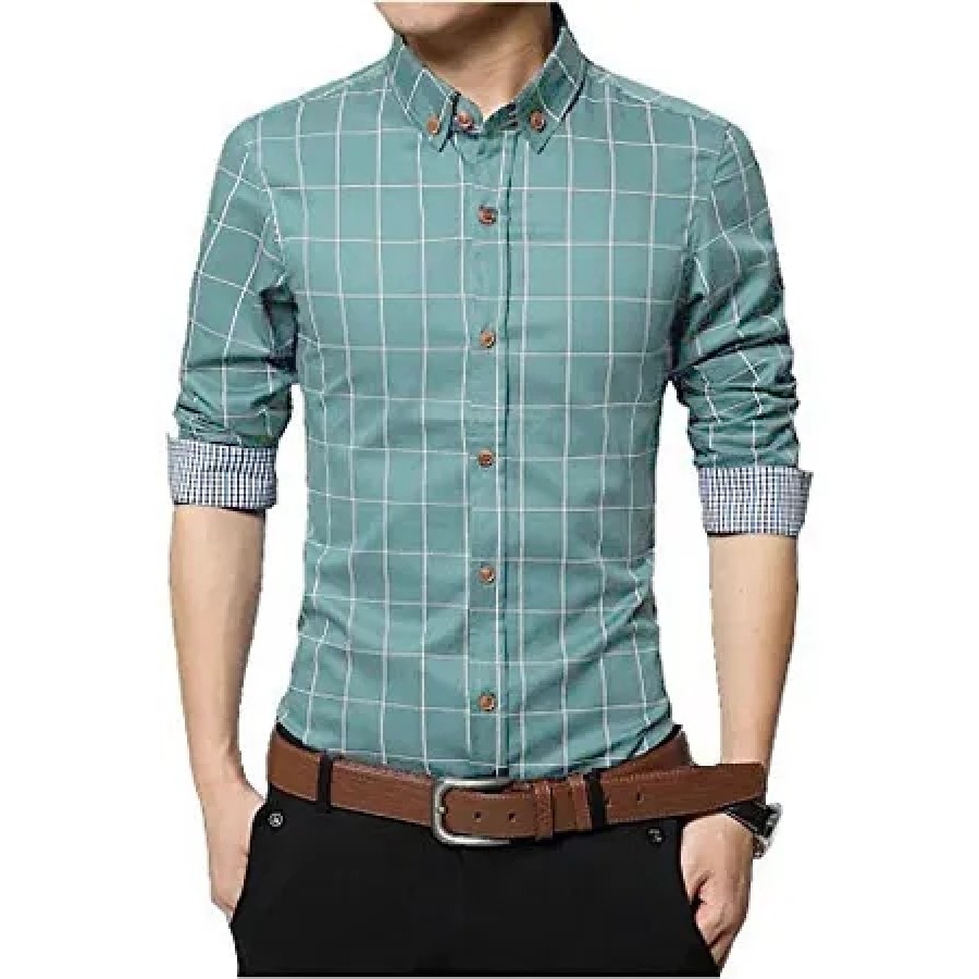 Men's Green Cotton Checked Long Sleeves Slim Fit Casual Shirt