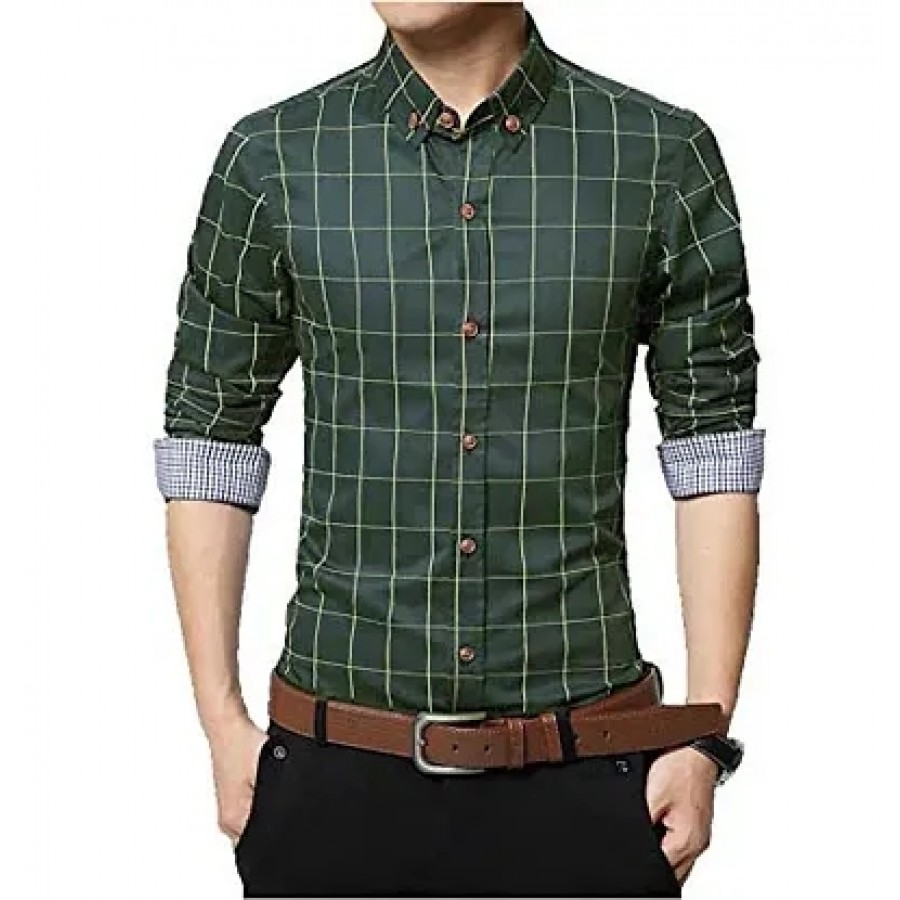 Men's Green Cotton Checked Long Sleeves Slim Fit Casual Shirt