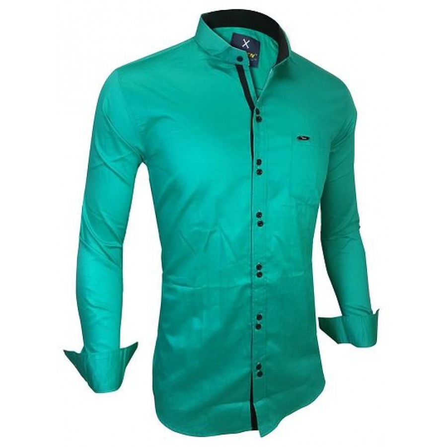 Men's Green Cotton Solid Long Sleeves Slim Fit Casual Shirt