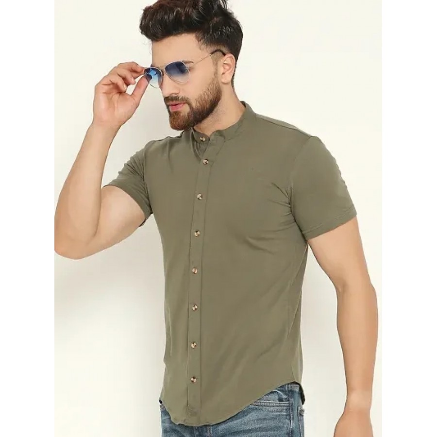 Men's Green Cotton Solid Short Sleeves Regular Fit Casual Shirt