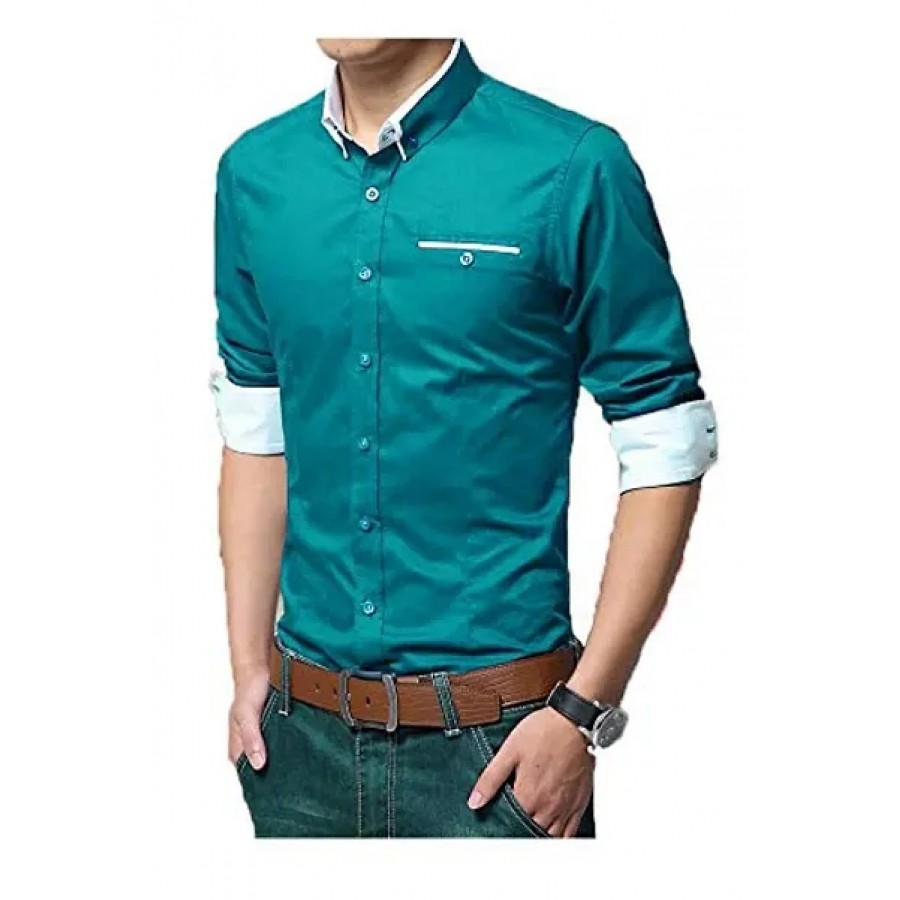 Men's Green Solid Cotton Slim Fit Casual Shirt