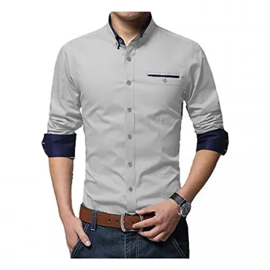 Men's Grey Solid Cotton Slim Fit Casual Shirt