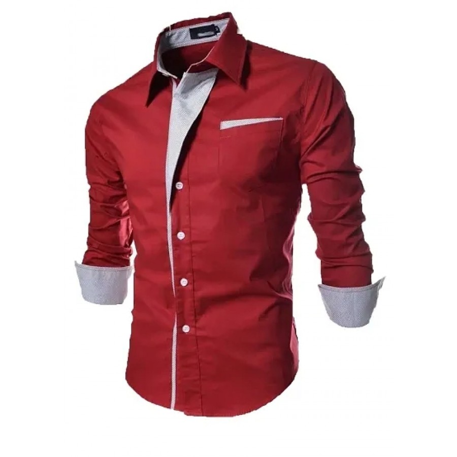 Men's Maroon Cotton Solid  Slim Fit Casual Shirt