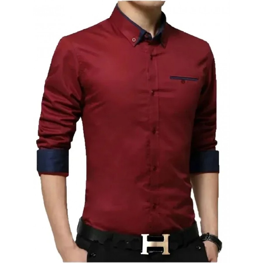 Men's Maroon Solid Cotton Slim Fit Casual Shirt