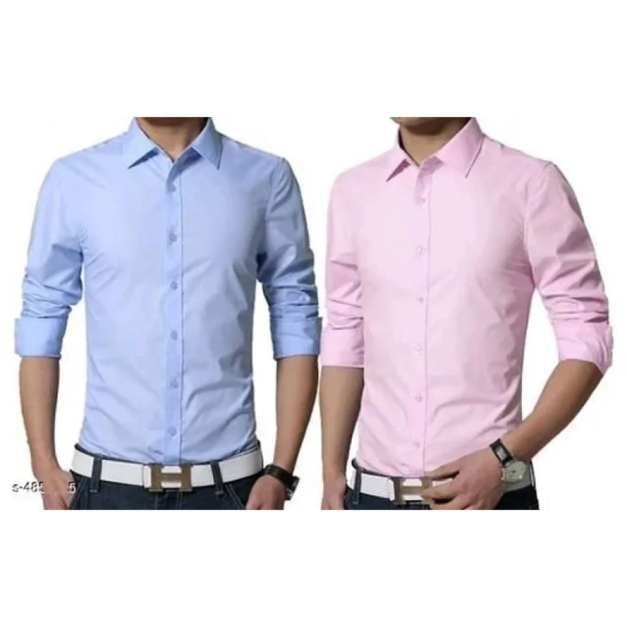 Men's Multicoloured Cotton Solid Long Sleeves Regular Fit Casual Shirt (Pack of 2)