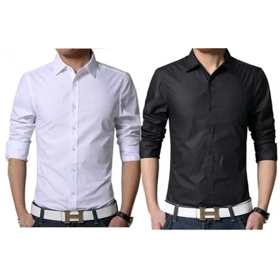 Men's Multicoloured Cotton Solid Long Sleeves Regular Fit Casual Shirt (Pack of 2)